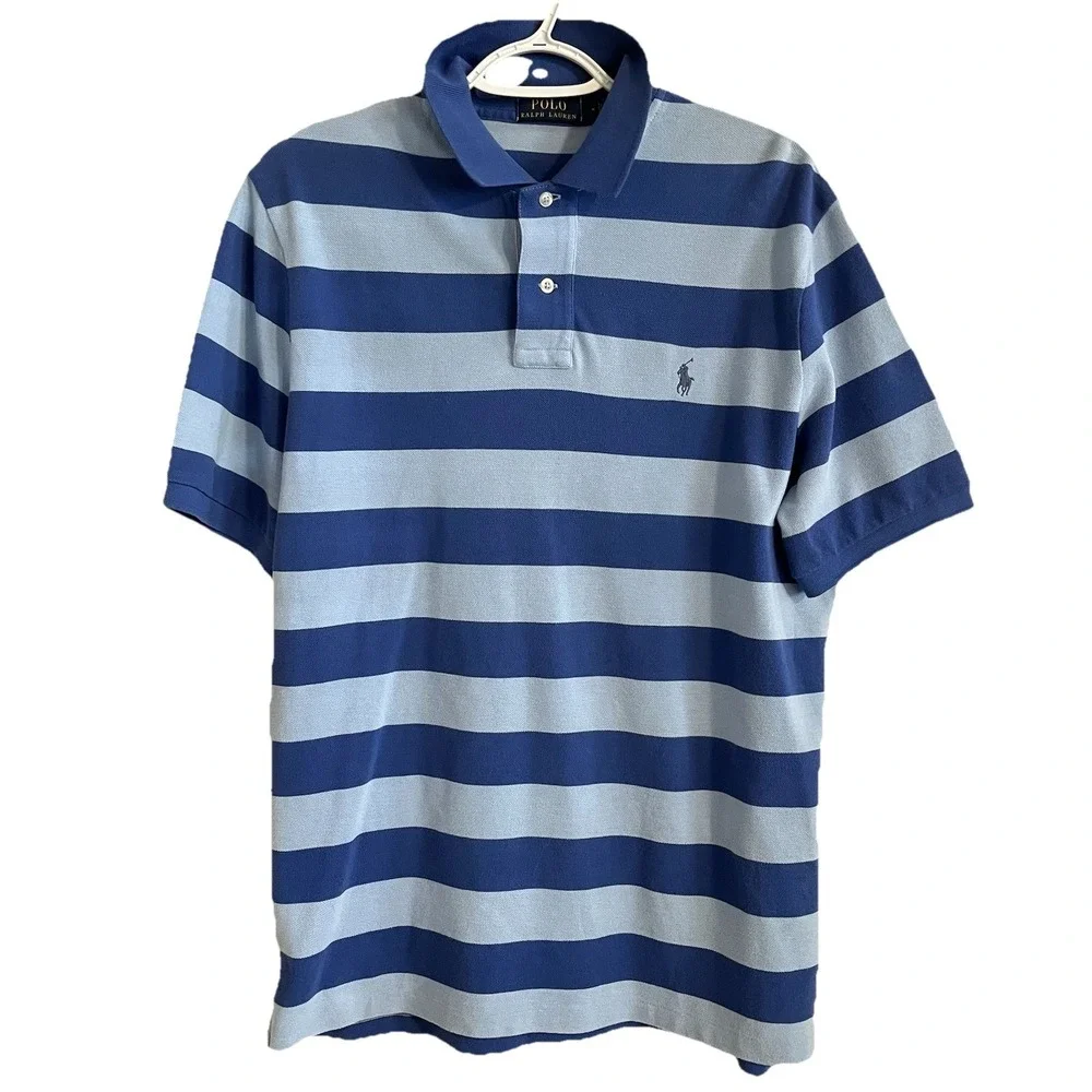 Polo Ralph Lauren Men's M Mesh Polo Shirt Blue Stripe Pony Logo Y2K Style Preppy